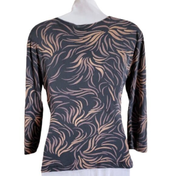 Tesori Beige & Charcoal Colored Swirl Design Wrap Blouse in Size S - Picture 2 of 5